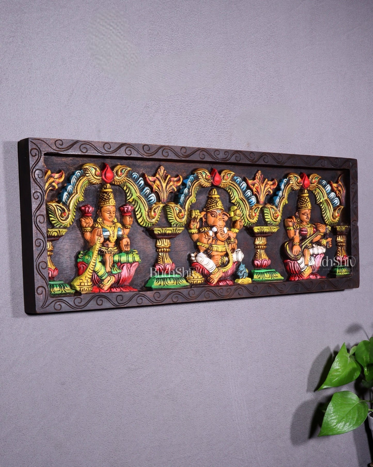 Hand - Painted Wooden Ganesha Lakshmi Saraswati Horizontal Wall Hanging – 24 Inch - Budhshiv.com