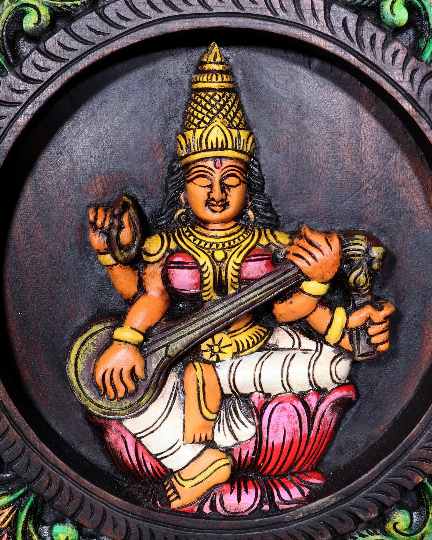 Hand - Painted Wooden Ganesha Lakshmi Saraswati Wall Hanging – 36 Inch - Budhshiv.com