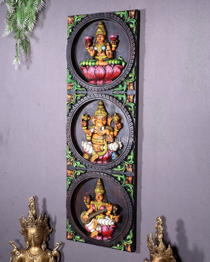 Hand - Painted Wooden Ganesha Lakshmi Saraswati Wall Hanging – 36 Inch - Budhshiv.com