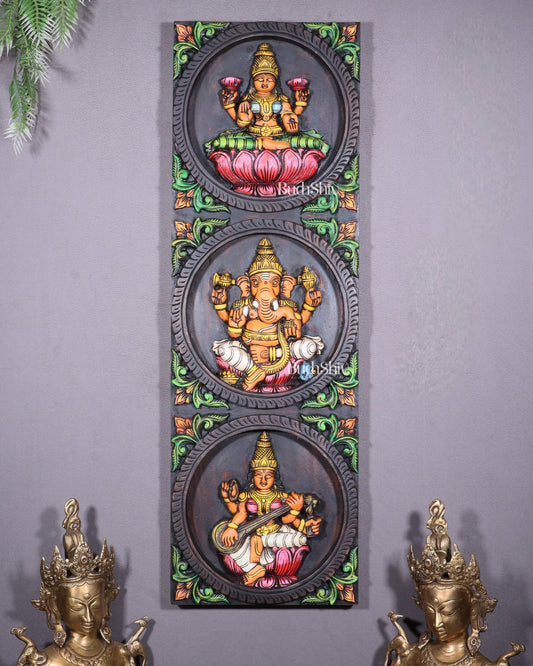 Hand - Painted Wooden Ganesha Lakshmi Saraswati Wall Hanging – 36 Inch - Budhshiv.com