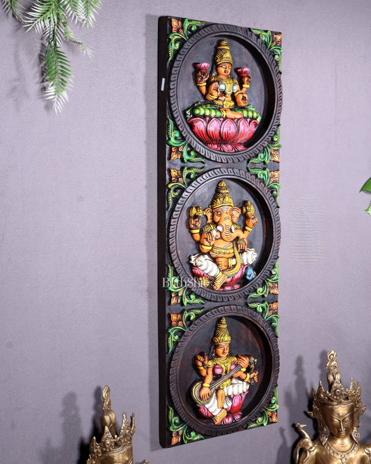 Hand - Painted Wooden Ganesha Lakshmi Saraswati Wall Hanging – 36 Inch - Budhshiv.com