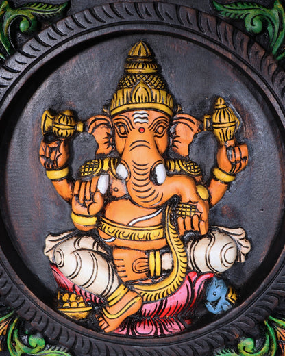 Hand - Painted Wooden Ganesha Lakshmi Saraswati Wall Hanging – 36 Inch - Budhshiv.com