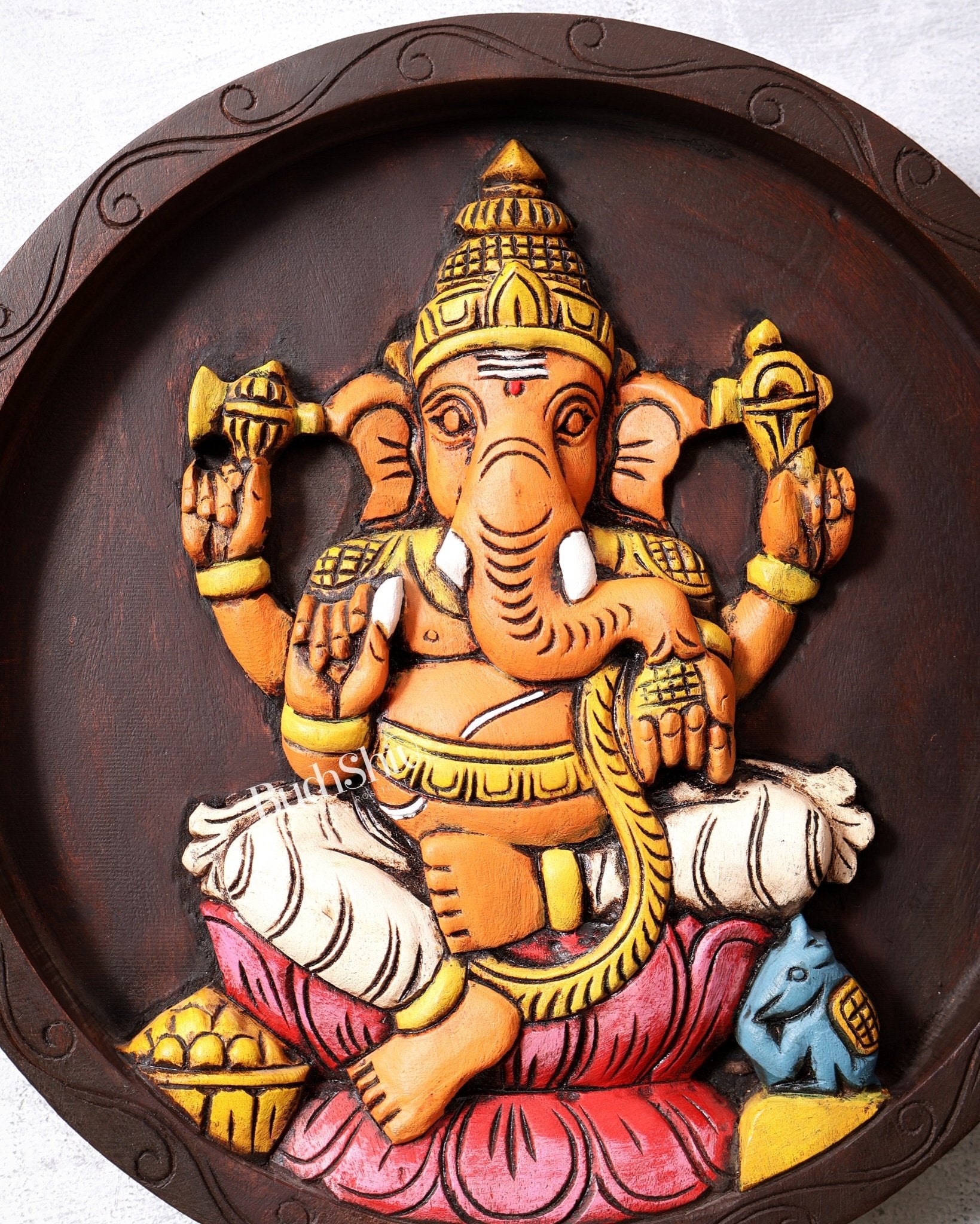 Hand - Painted Wooden Ganesha Round Wall Hanging Panel – Decorative Wall Art (12 Inches) - Budhshiv.com