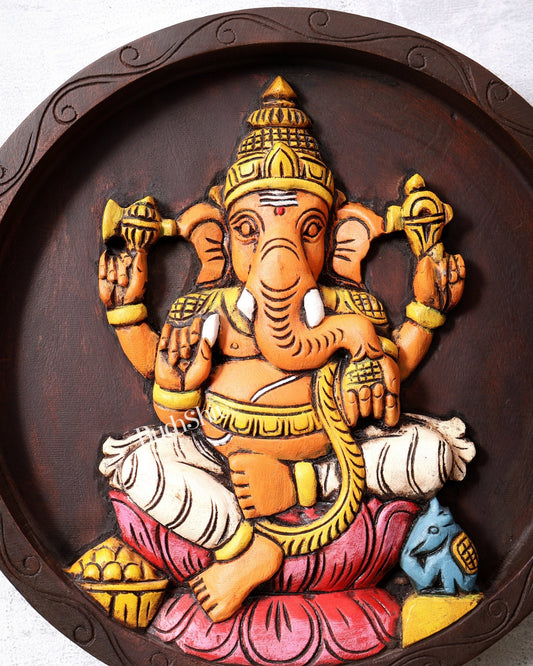 Hand - Painted Wooden Ganesha Round Wall Hanging Panel – Decorative Wall Art (12 Inches) - Budhshiv.com