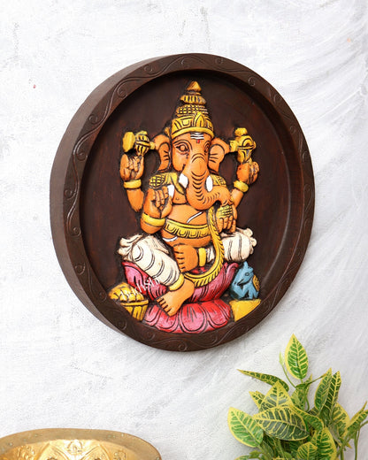 Hand - Painted Wooden Ganesha Round Wall Hanging Panel – Decorative Wall Art (12 Inches) - Budhshiv.com