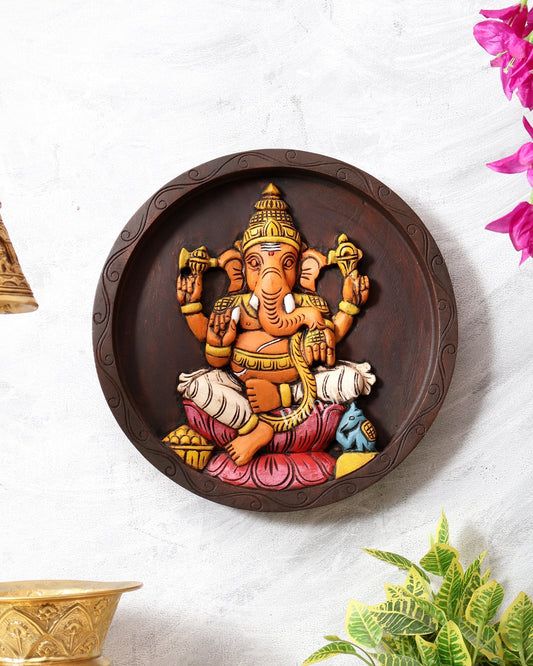 Hand - Painted Wooden Ganesha Round Wall Hanging Panel – Decorative Wall Art (12 Inches) - Budhshiv.com