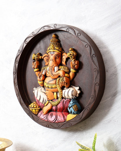 Hand - Painted Wooden Ganesha Round Wall Hanging Panel – Decorative Wall Art (12 Inches) - Budhshiv.com