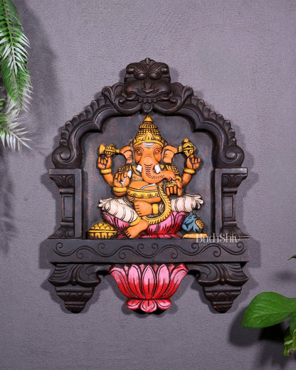 Hand - Painted Wooden Ganesha Wall Hanging with Lotus – 15 Inch - Budhshiv.com