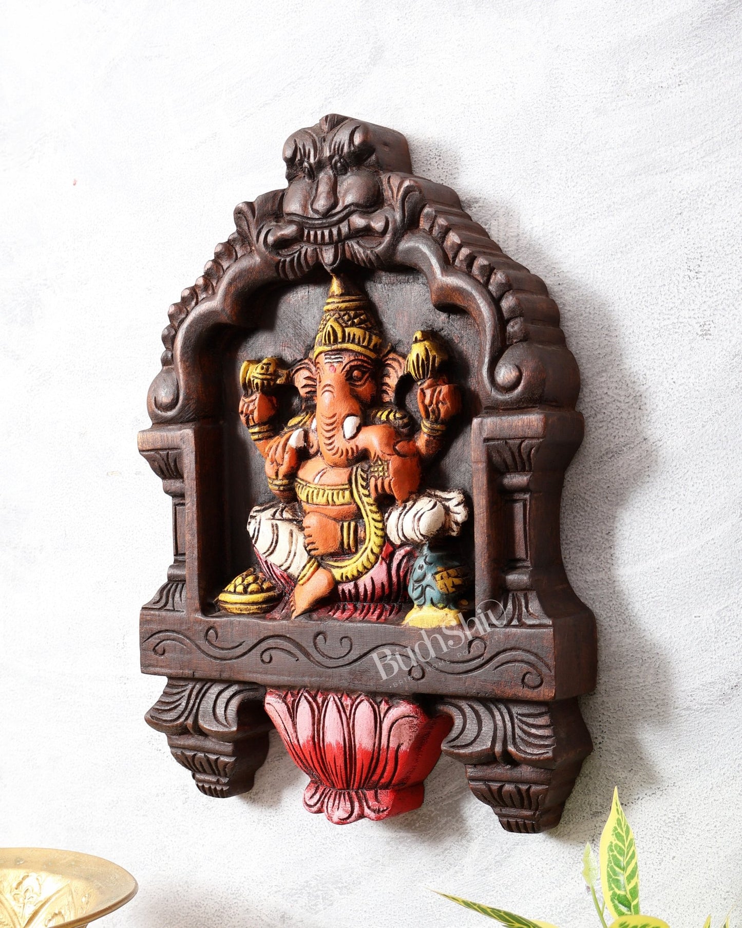 Hand - Painted Wooden Ganesha Wall Hanging with Lotus – 15 Inch - Budhshiv.com