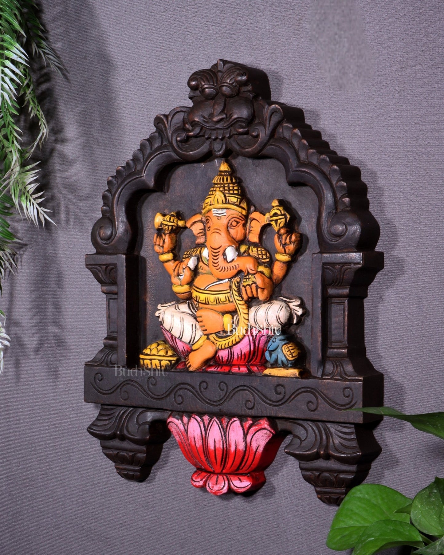 Hand - Painted Wooden Ganesha Wall Hanging with Lotus – 15 Inch - Budhshiv.com
