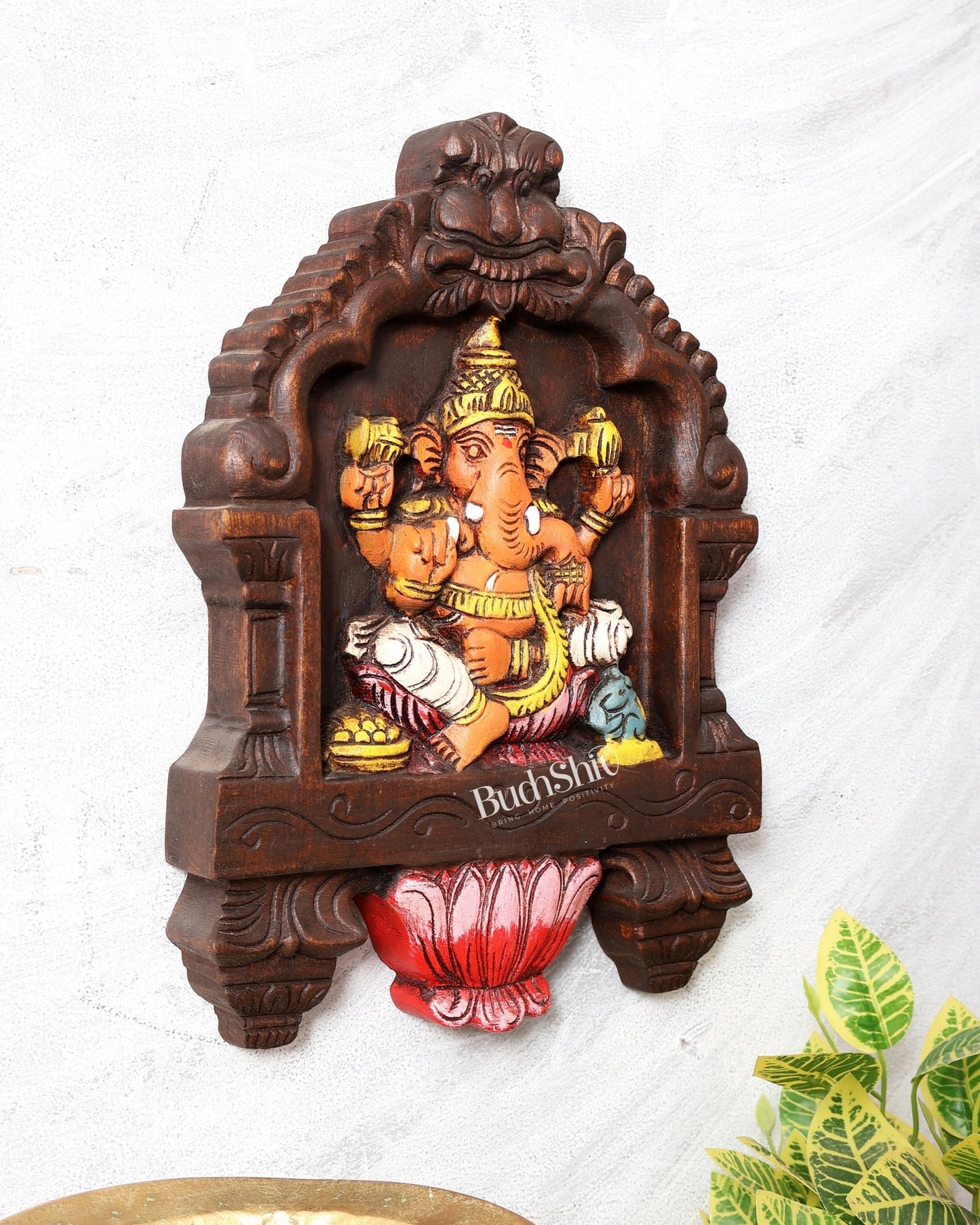 Hand - Painted Wooden Ganesha Wall Hanging with Lotus – 15 Inch - Budhshiv.com