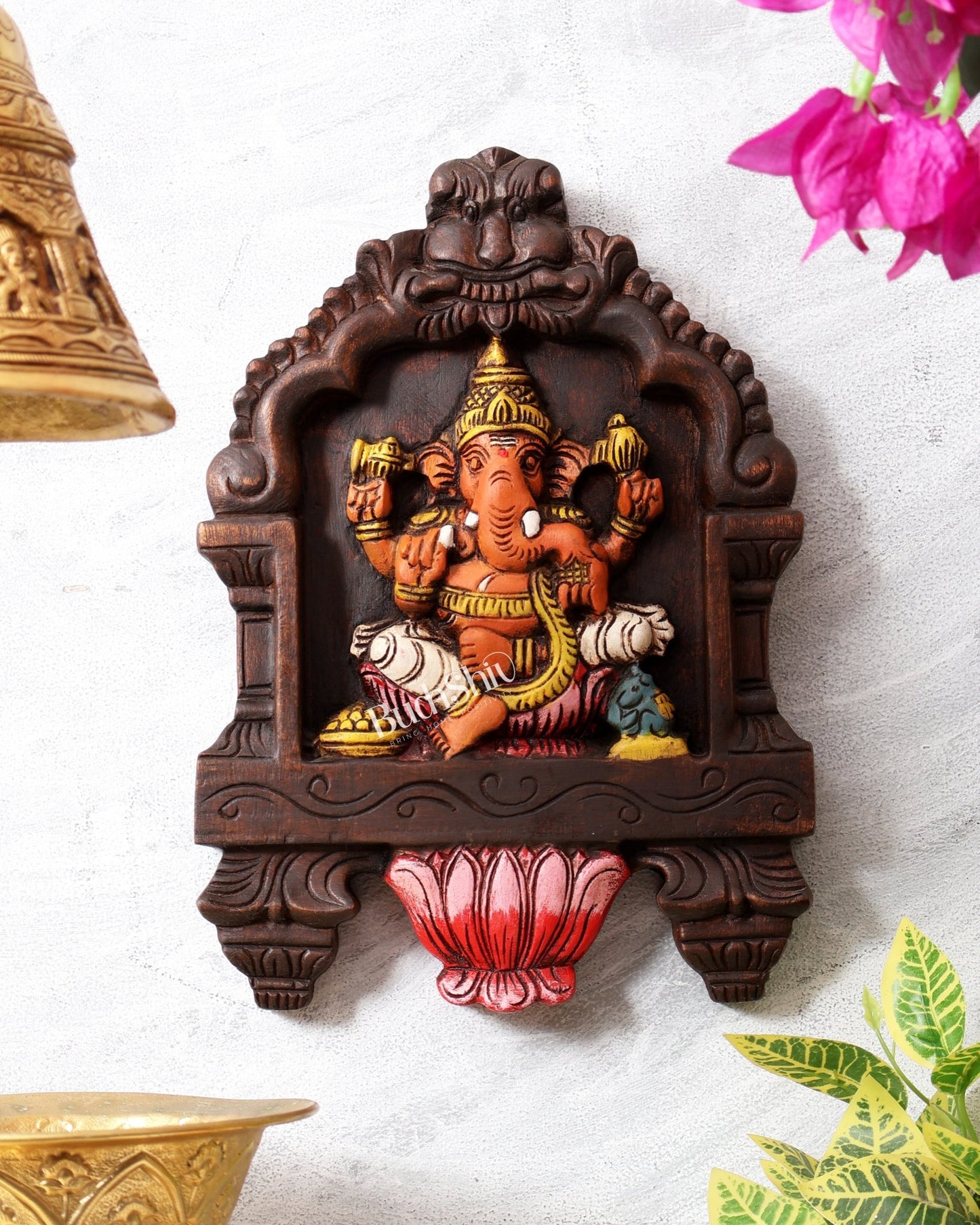 Hand - Painted Wooden Ganesha Wall Hanging with Lotus – 15 Inch - Budhshiv.com