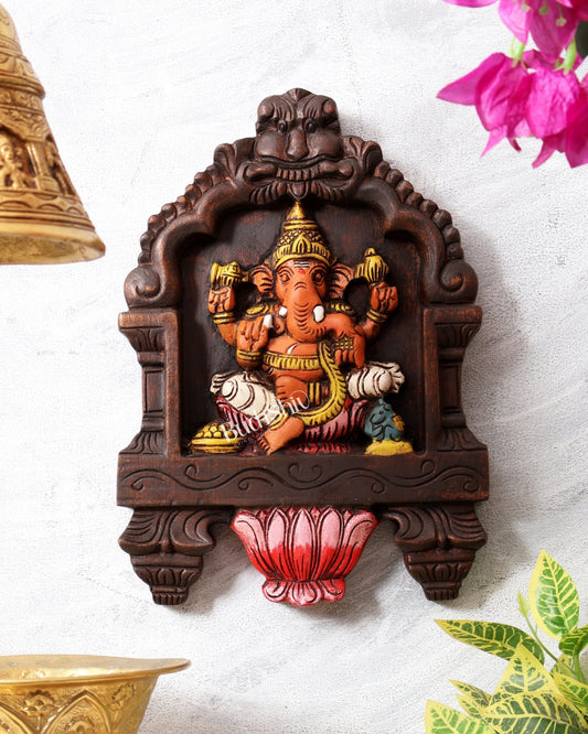 Hand - Painted Wooden Ganesha Wall Hanging with Lotus – 15 Inch - Budhshiv.com