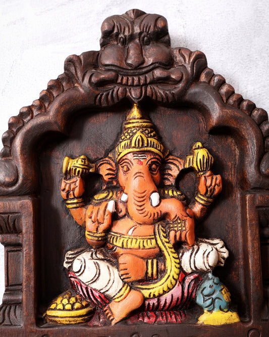 Hand - Painted Wooden Ganesha Wall Hanging with Lotus – 15 Inch - Budhshiv.com
