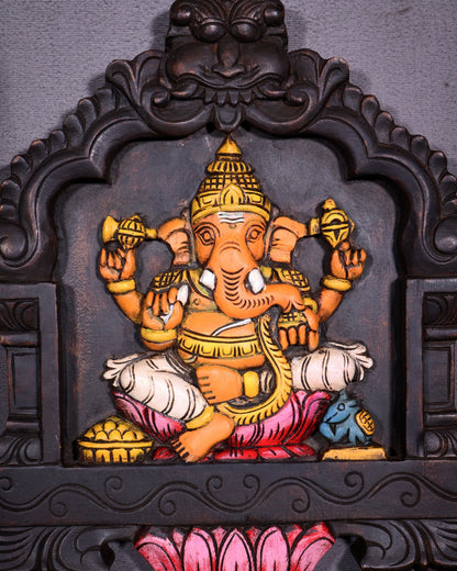 Hand - Painted Wooden Ganesha Wall Hanging with Lotus – 15 Inch - Budhshiv.com