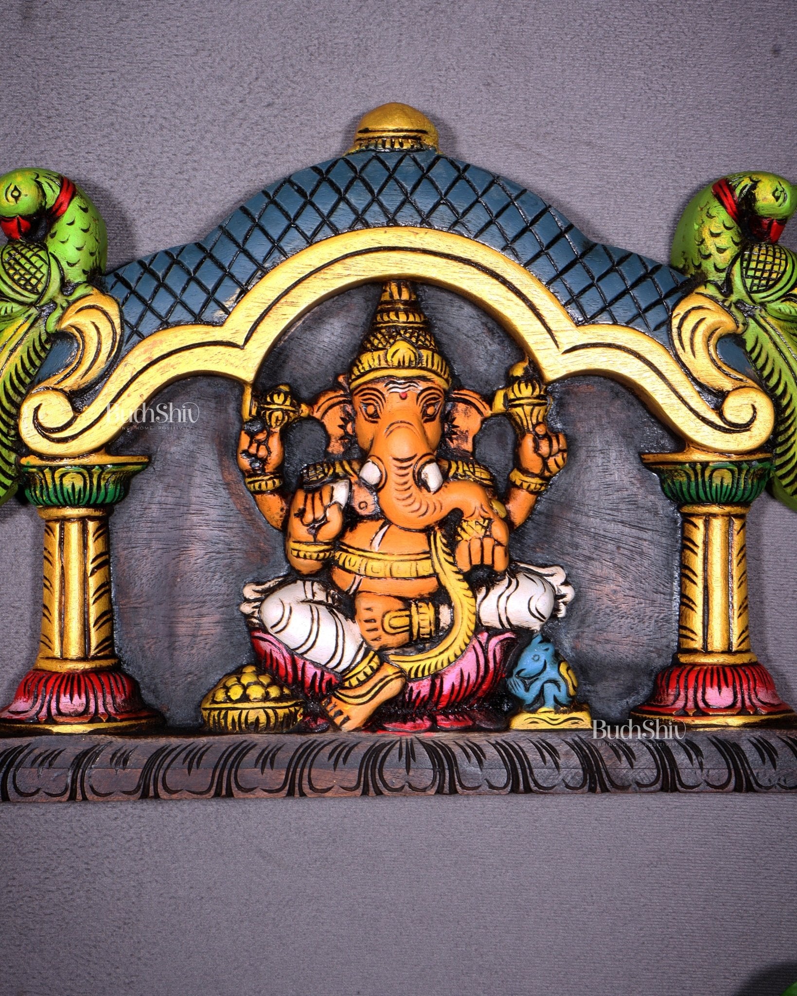 Hand - Painted Wooden Ganesha with Two Parrots Wall Hanging – 15.5 Inch - Budhshiv.com