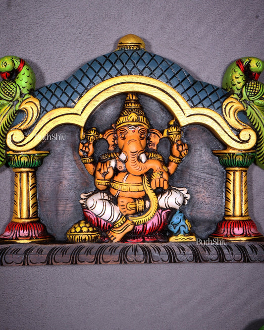 Hand - Painted Wooden Ganesha with Two Parrots Wall Hanging – 15.5 Inch - Budhshiv.com