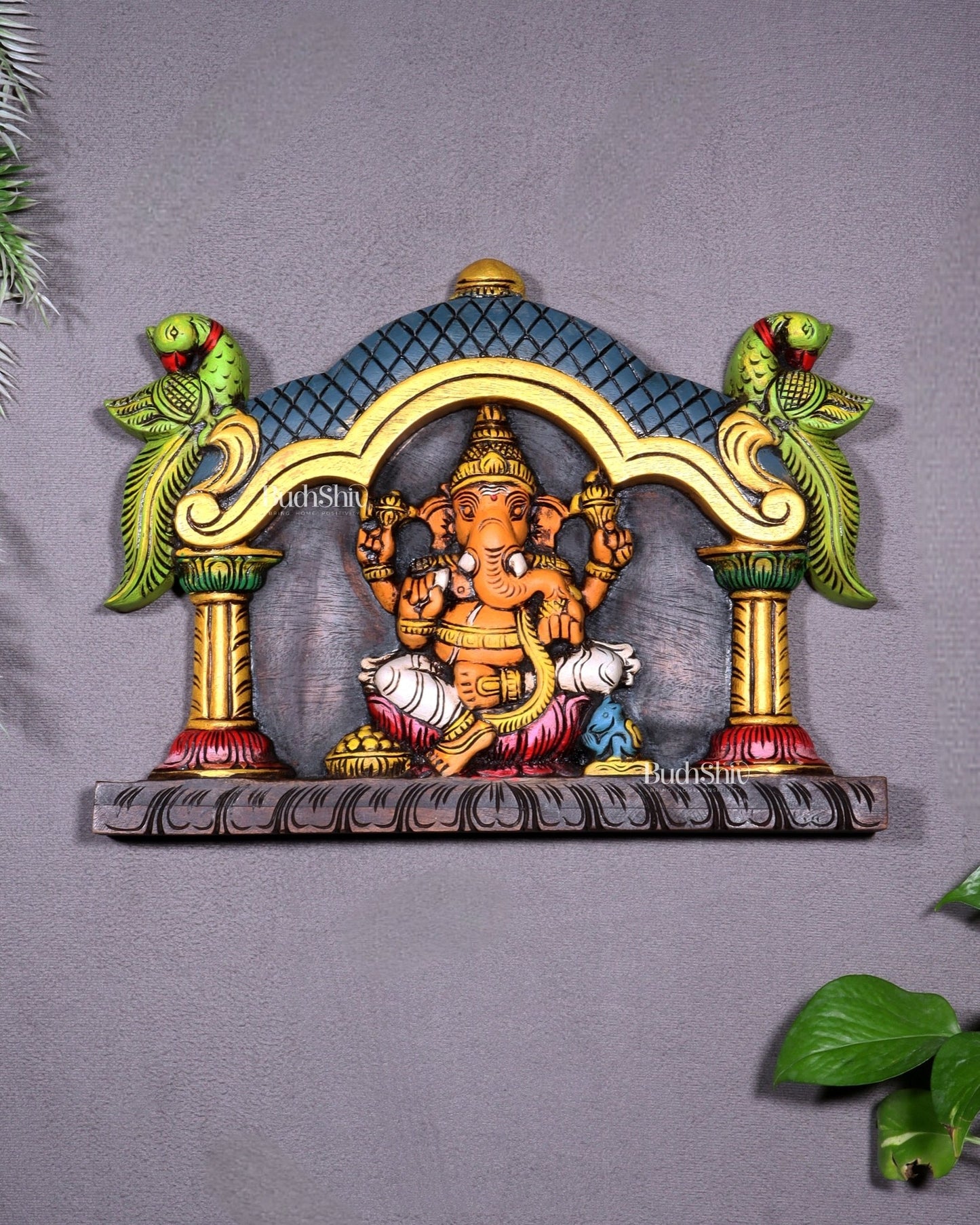 Hand - Painted Wooden Ganesha with Two Parrots Wall Hanging – 15.5 Inch - Budhshiv.com