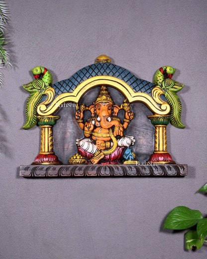 Hand - Painted Wooden Ganesha with Two Parrots Wall Hanging – 15.5 Inch - Budhshiv.com