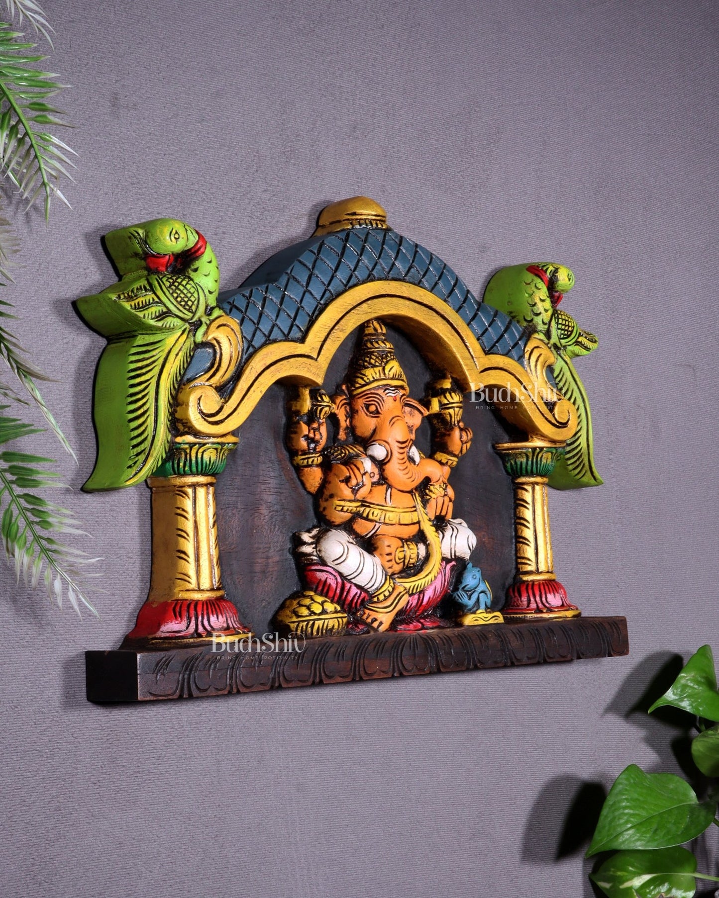 Hand - Painted Wooden Ganesha with Two Parrots Wall Hanging – 15.5 Inch - Budhshiv.com