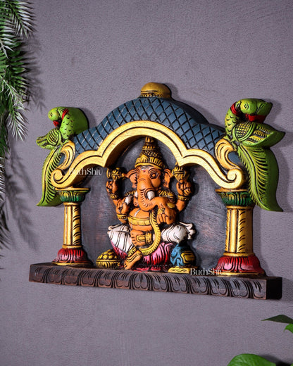 Hand - Painted Wooden Ganesha with Two Parrots Wall Hanging – 15.5 Inch - Budhshiv.com