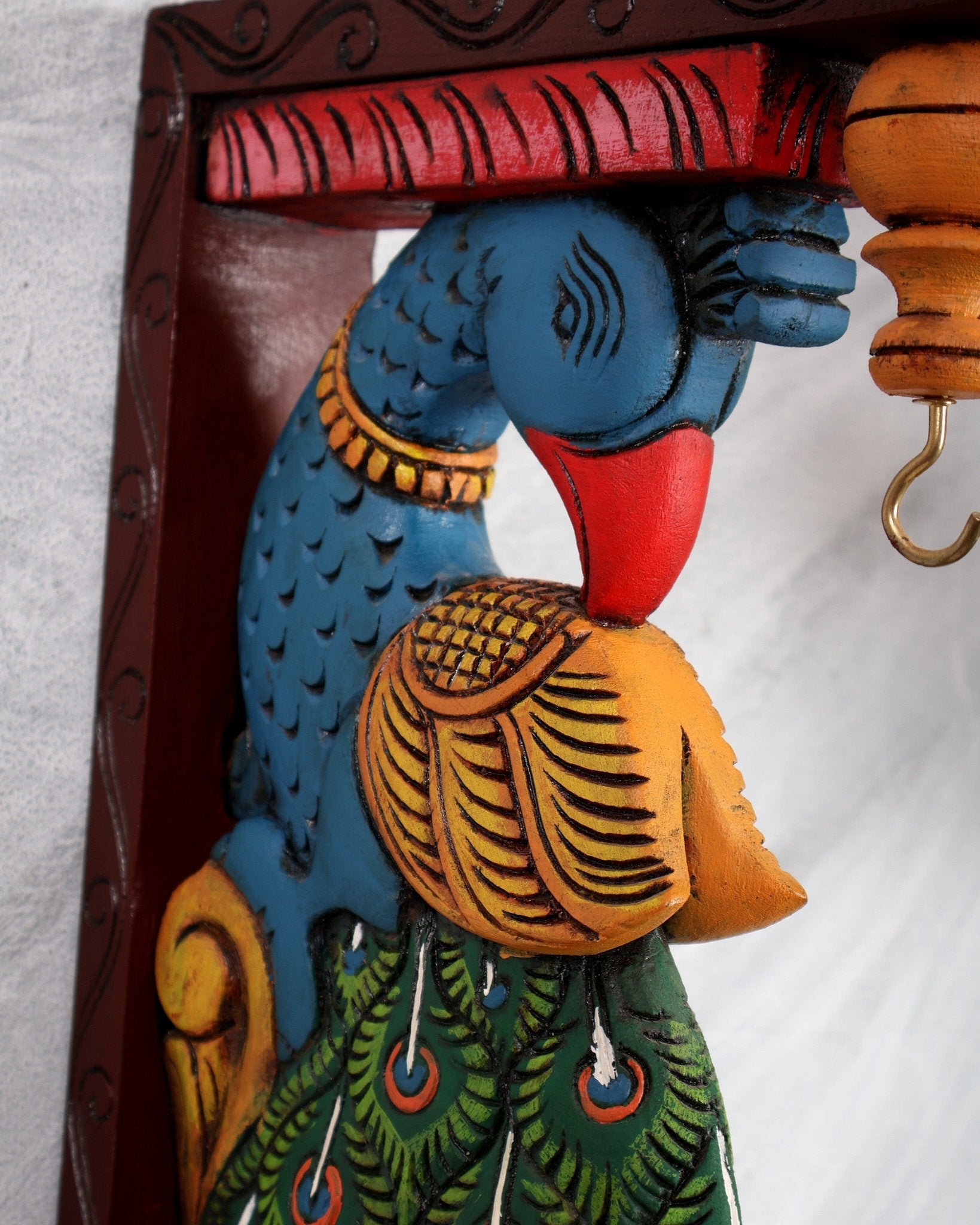Hand - Painted Wooden Peacock Design Wall Hanging Bracket – Traditional Decorative Holder 13 inch - Budhshiv.com