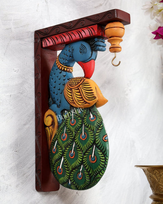 Hand - Painted Wooden Peacock Design Wall Hanging Bracket – Traditional Decorative Holder 13 inch - Budhshiv.com