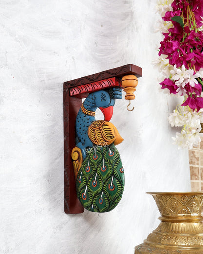 Hand - Painted Wooden Peacock Design Wall Hanging Bracket – Traditional Decorative Holder 13 inch - Budhshiv.com