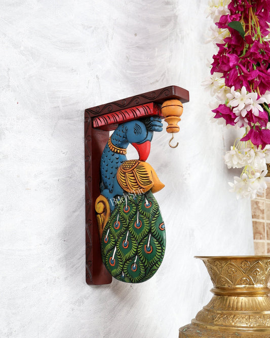 Hand - Painted Wooden Peacock Design Wall Hanging Bracket – Traditional Decorative Holder 13 inch - Budhshiv.com