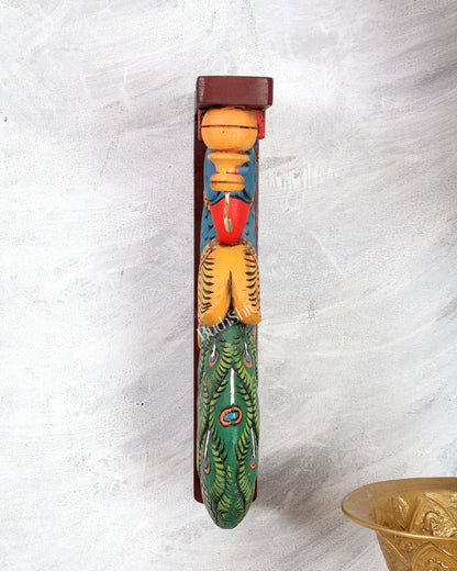 Hand - Painted Wooden Peacock Design Wall Hanging Bracket – Traditional Decorative Holder 13 inch - Budhshiv.com
