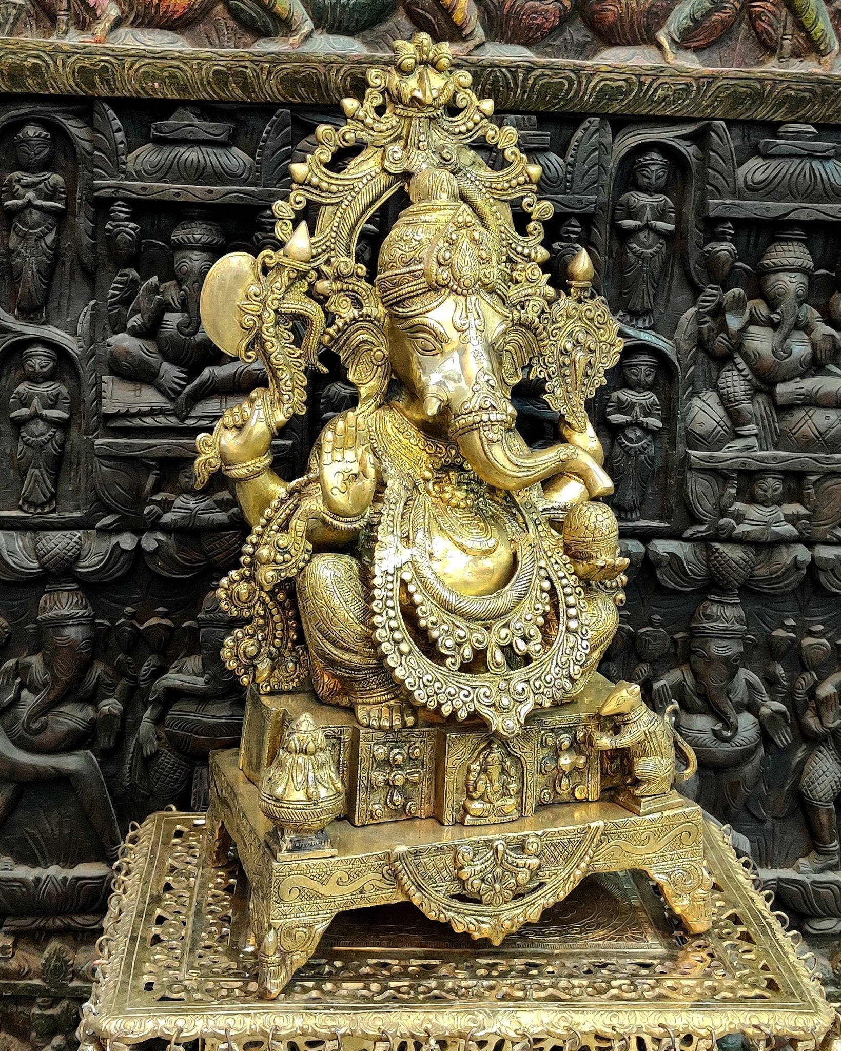 Handcarved Brass Ganesha Idol on Engraved Pedestal - 26.5 - inch Tall - Budhshiv.com
