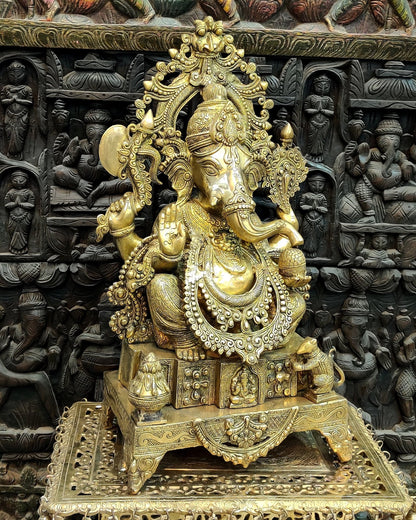Handcarved Brass Ganesha Idol on Engraved Pedestal - 26.5 - inch Tall - Budhshiv.com