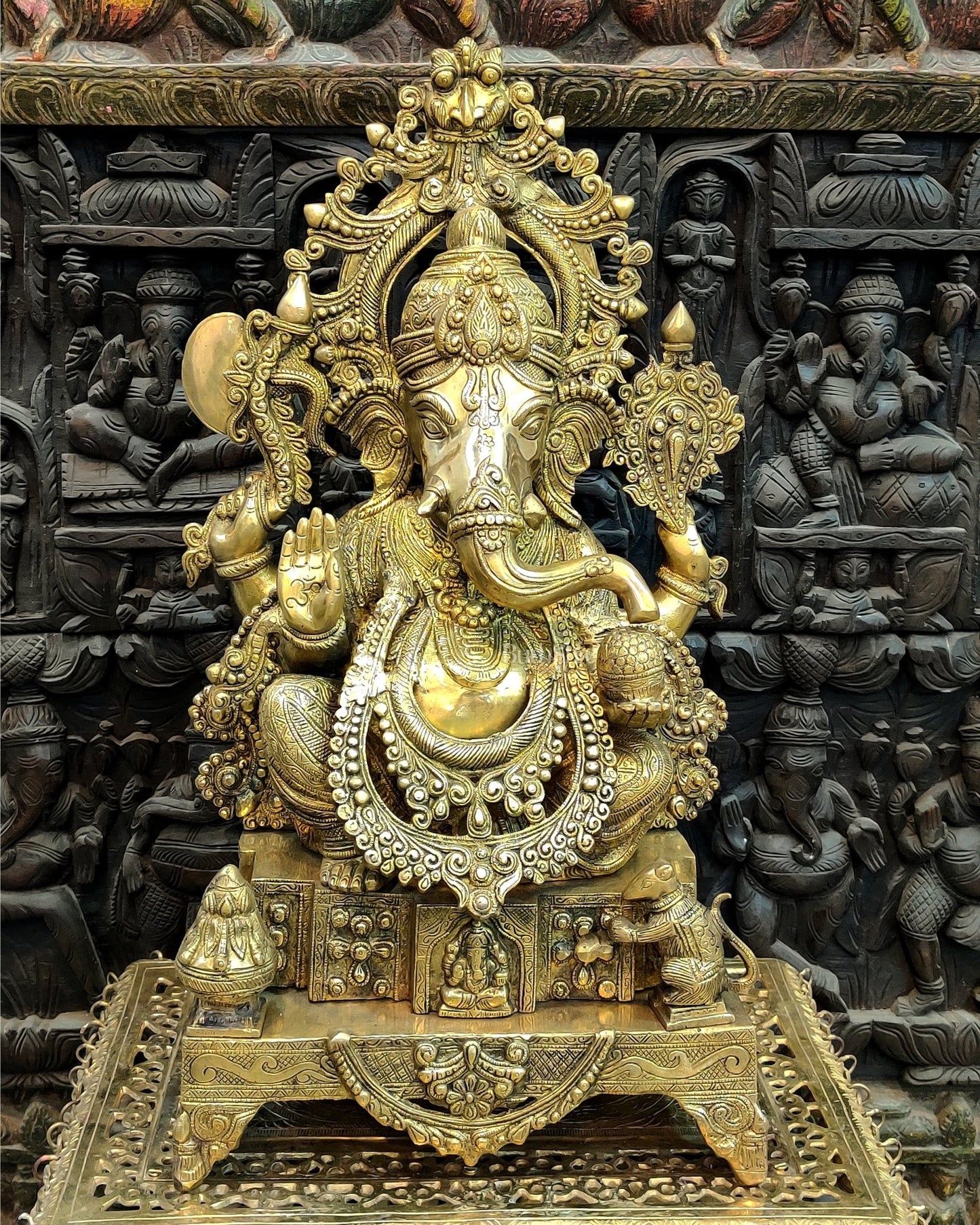 Handcarved Brass Ganesha Idol on Engraved Pedestal - 26.5 - inch Tall - Budhshiv.com