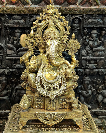 Handcarved Brass Ganesha Idol on Engraved Pedestal - 26.5 - inch Tall - Budhshiv.com