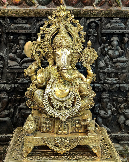 Handcarved Brass Ganesha Idol on Engraved Pedestal - 26.5 - inch Tall - Budhshiv.com