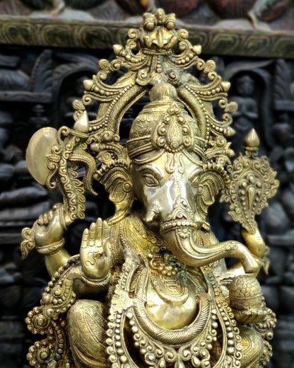 Handcarved Brass Ganesha Idol on Engraved Pedestal - 26.5 - inch Tall - Budhshiv.com