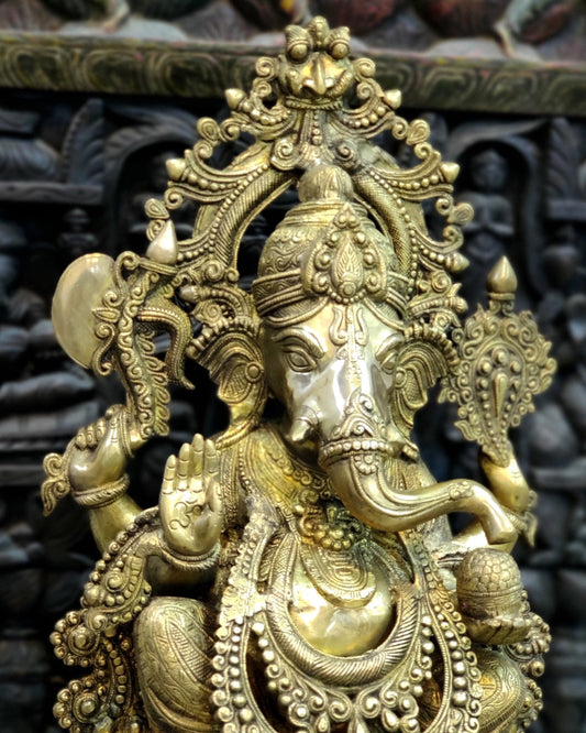 Handcarved Brass Ganesha Idol on Engraved Pedestal - 26.5 - inch Tall - Budhshiv.com