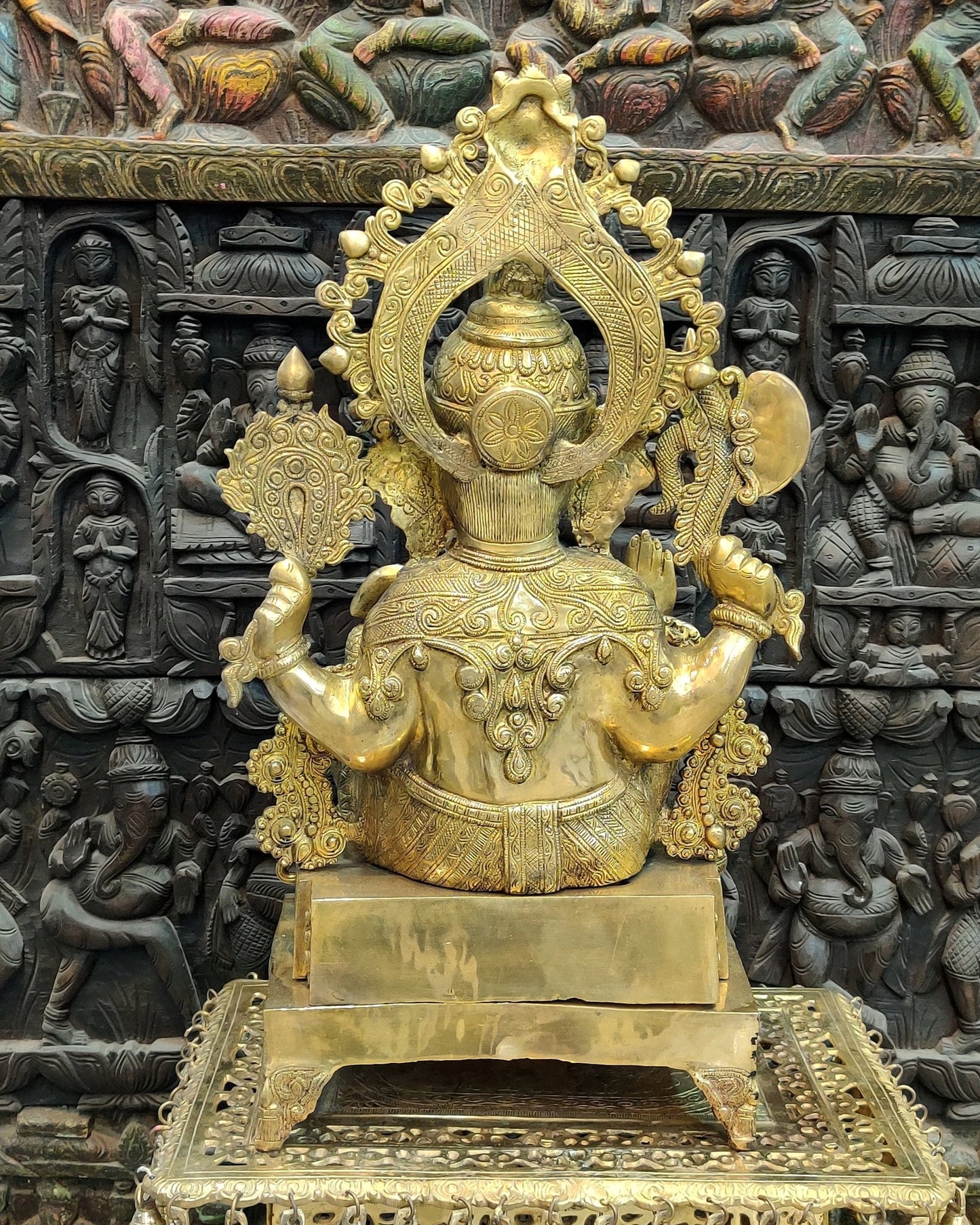 Handcarved Brass Ganesha Idol on Engraved Pedestal - 26.5 - inch Tall - Budhshiv.com