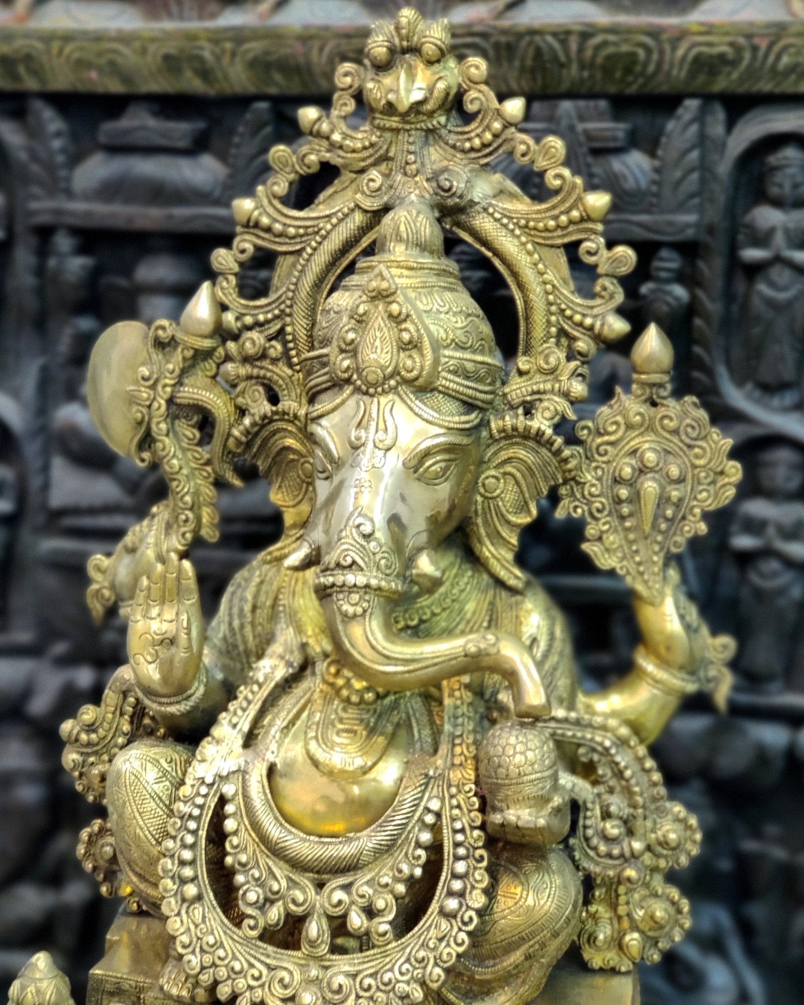 Handcarved Brass Ganesha Idol on Engraved Pedestal - 26.5 - inch Tall - Budhshiv.com