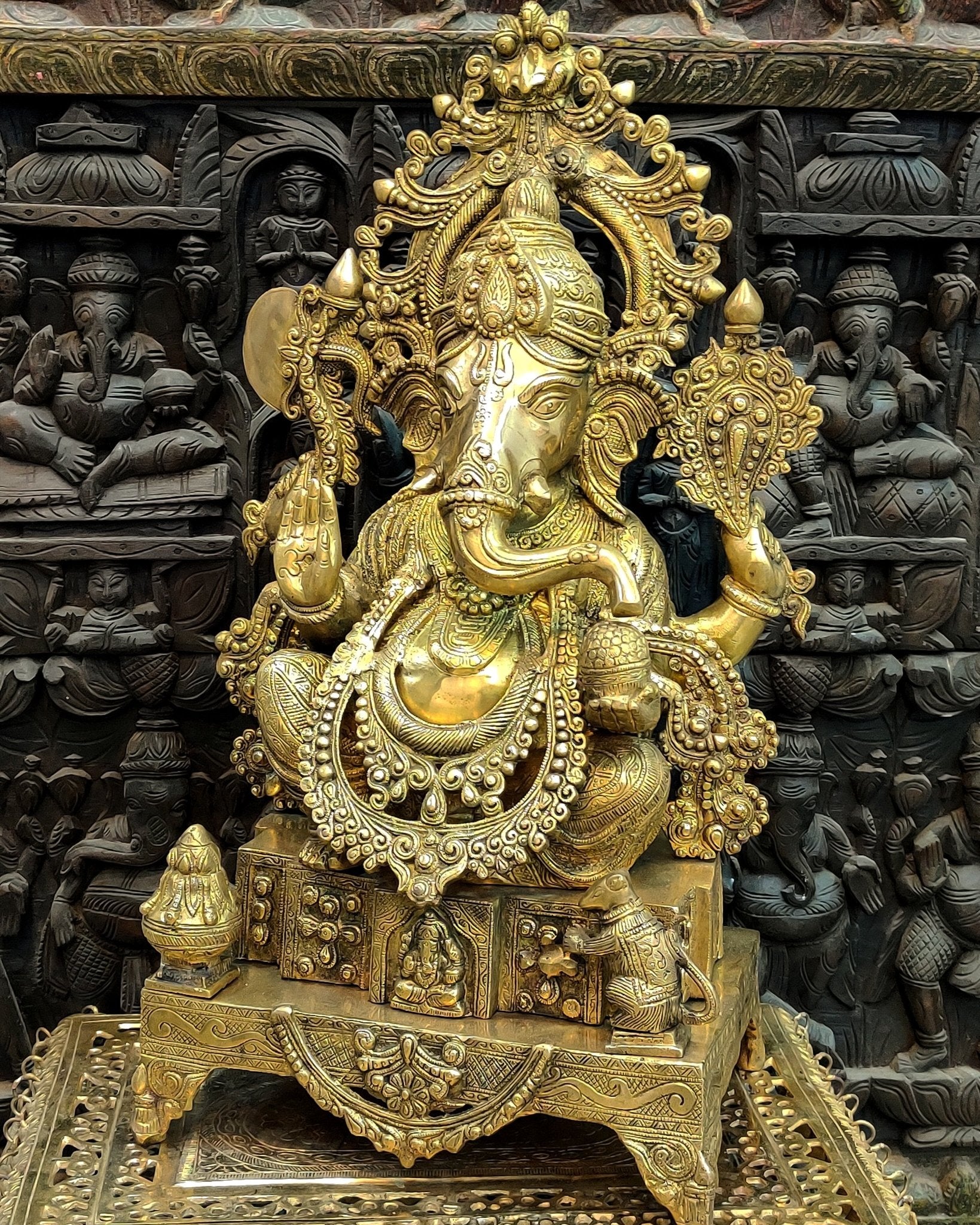 Handcarved Brass Ganesha Idol on Engraved Pedestal - 26.5 - inch Tall - Budhshiv.com