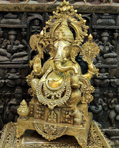 Handcarved Brass Ganesha Idol on Engraved Pedestal - 26.5 - inch Tall - Budhshiv.com