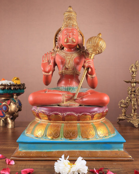 Handcrafted Brass Blessing Hanuman Sculpture - 18" Height, Sindoor red tone - Budhshiv.com