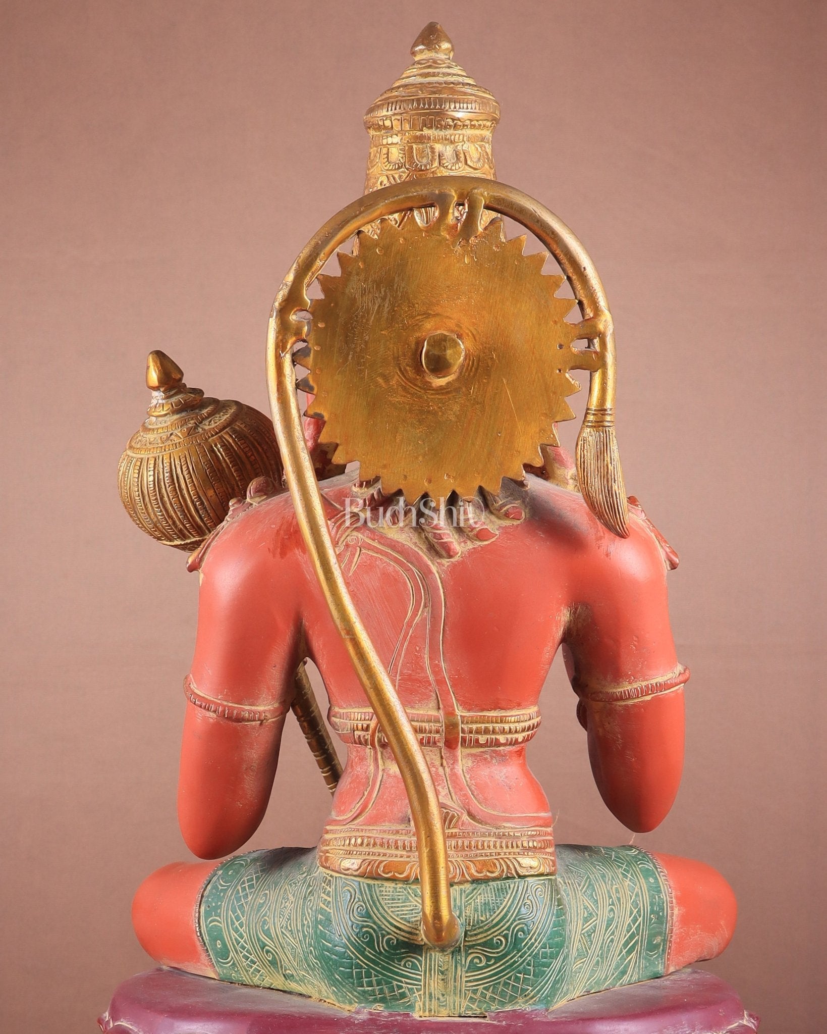 Handcrafted Brass Blessing Hanuman Sculpture - 18" Height, Sindoor red tone - Budhshiv.com