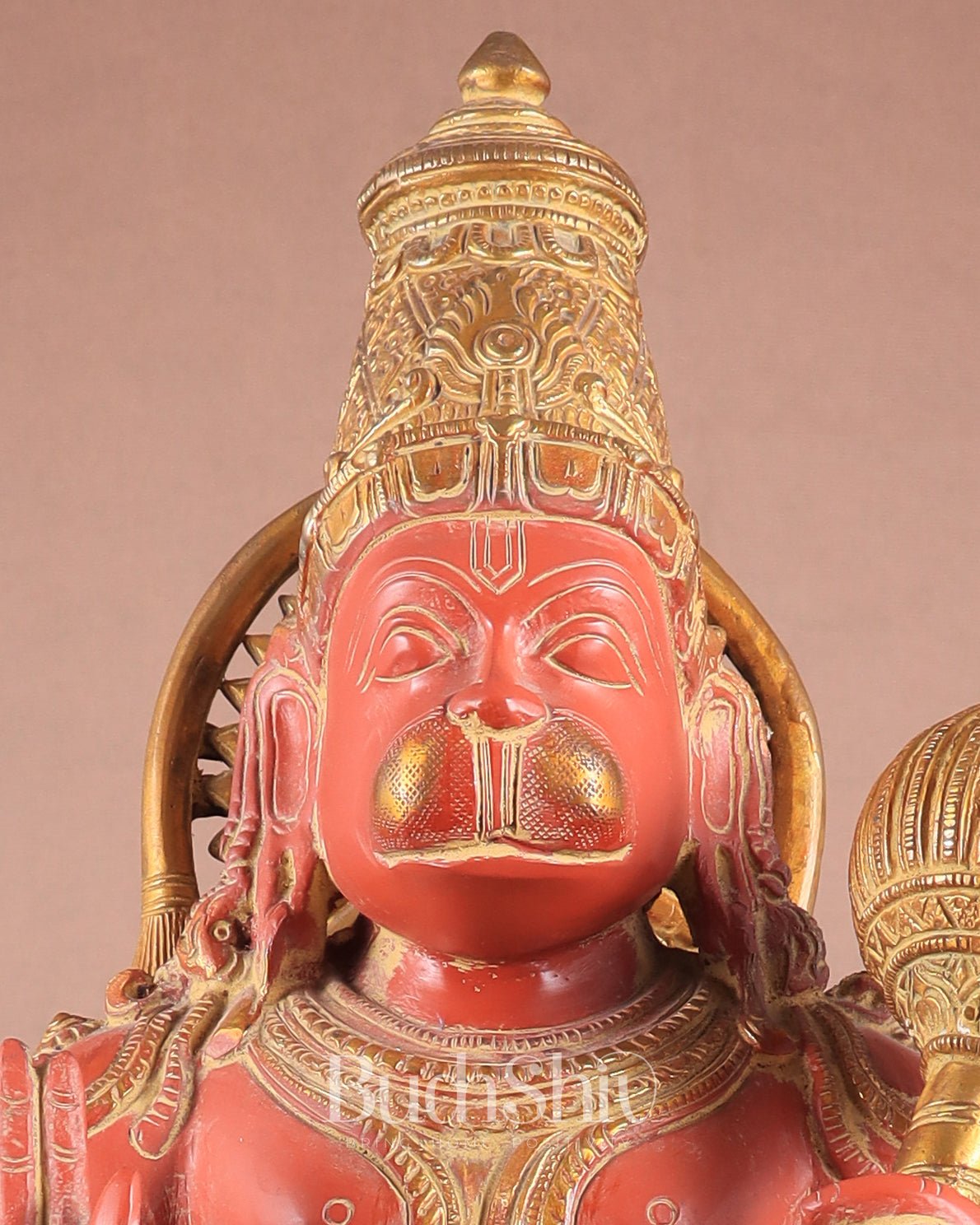 Handcrafted Brass Blessing Hanuman Sculpture - 18" Height, Sindoor red tone - Budhshiv.com