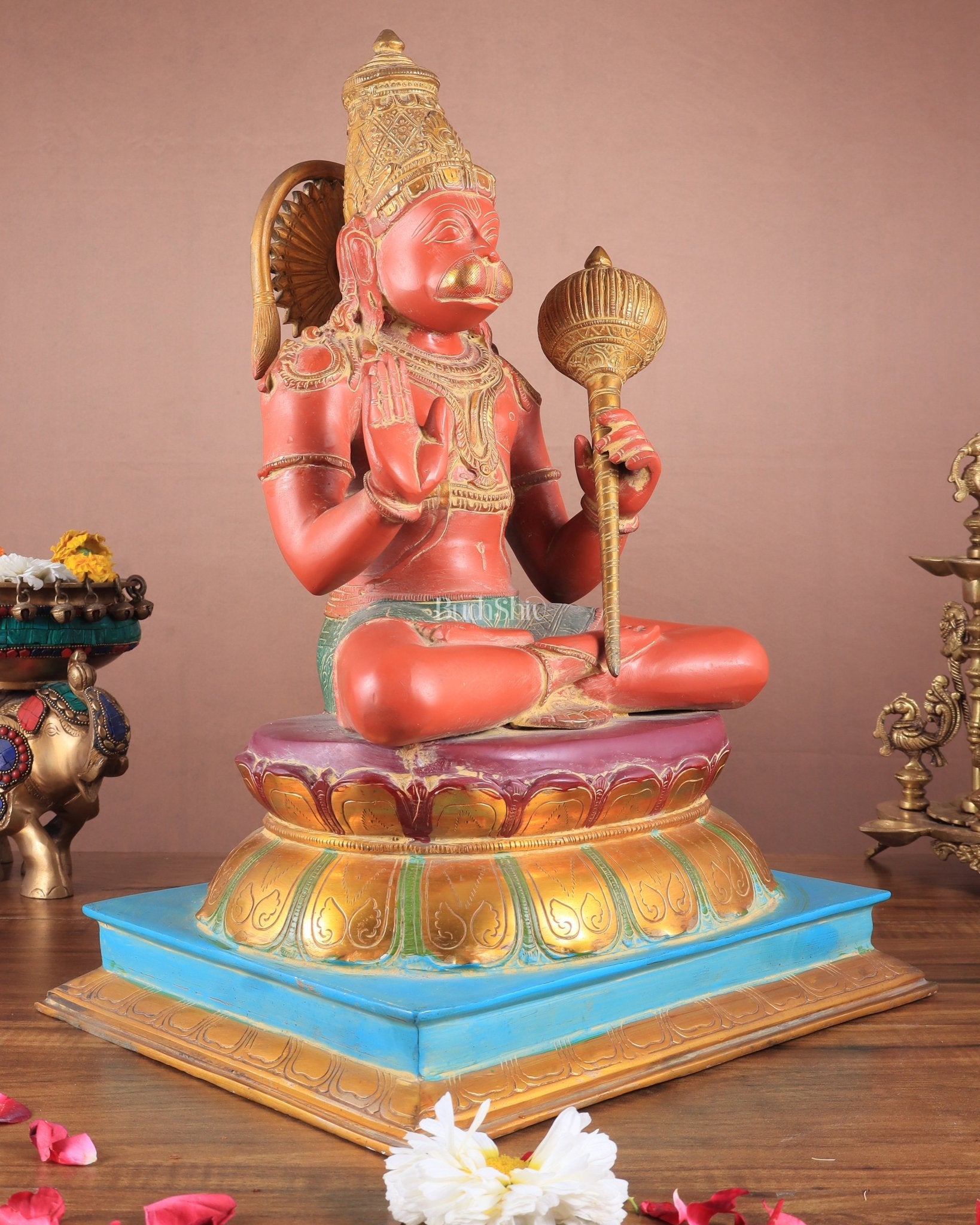 Handcrafted Brass Blessing Hanuman Sculpture - 18" Height, Sindoor red tone - Budhshiv.com