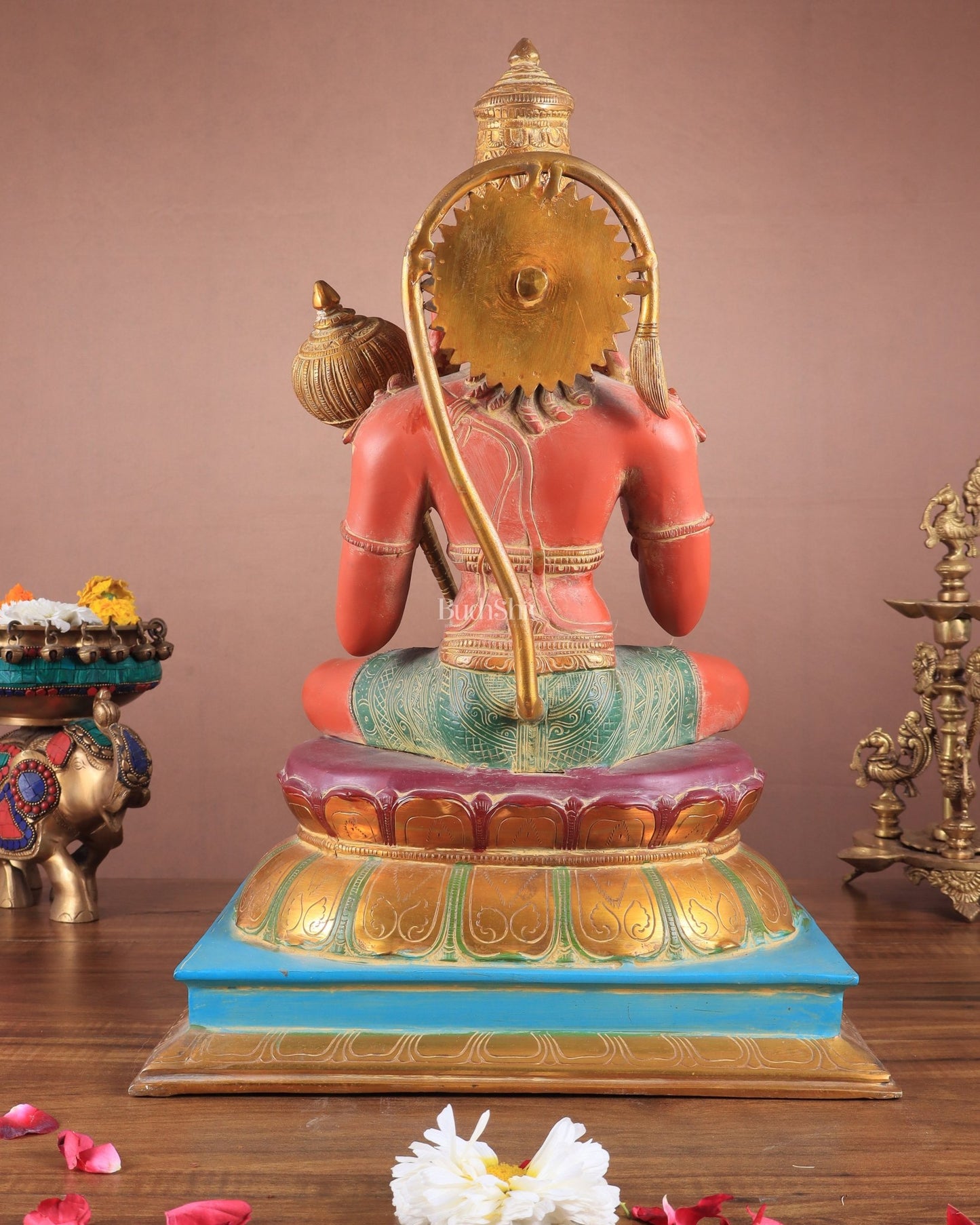 Handcrafted Brass Blessing Hanuman Sculpture - 18" Height, Sindoor red tone - Budhshiv.com