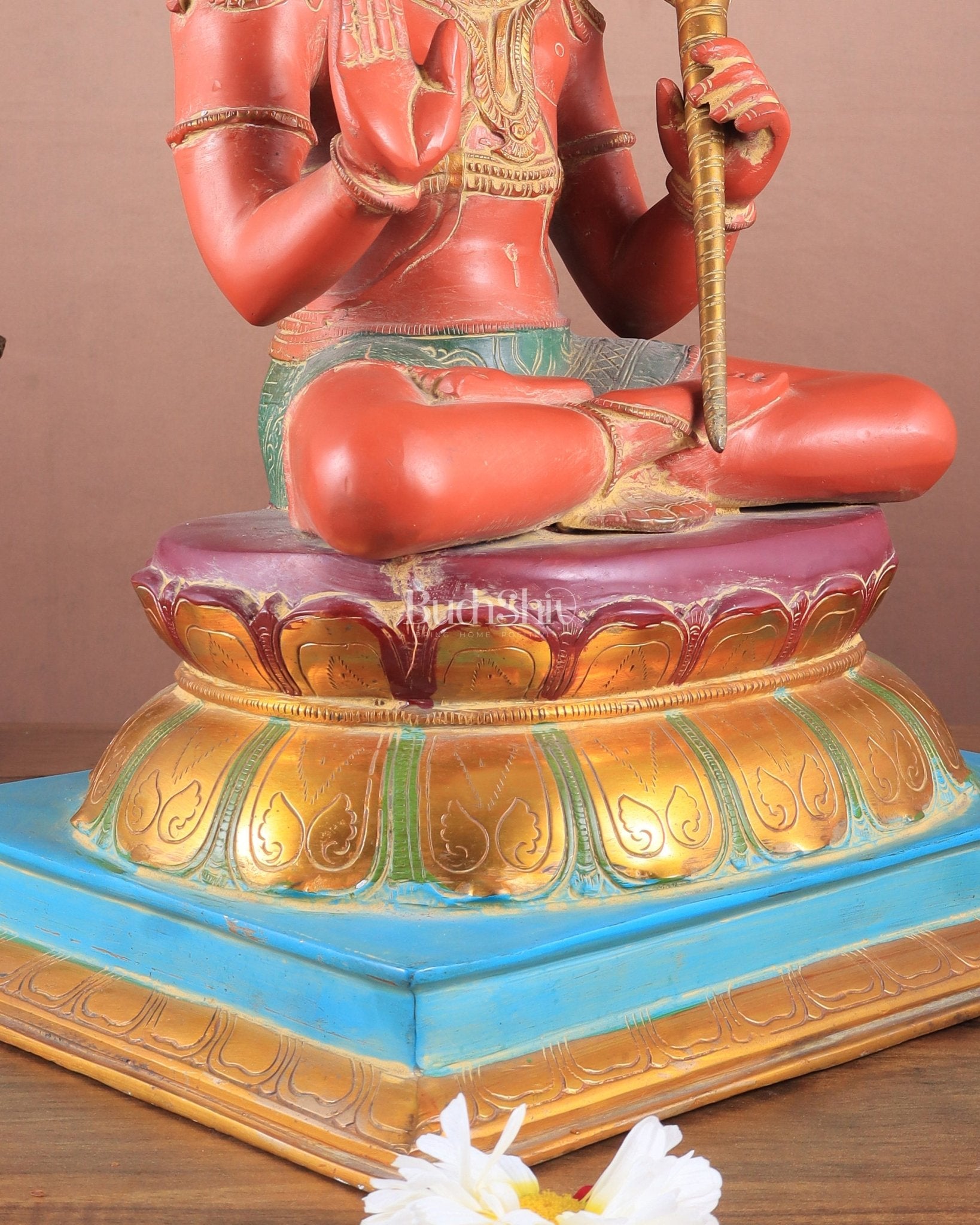 Handcrafted Brass Blessing Hanuman Sculpture - 18" Height, Sindoor red tone - Budhshiv.com