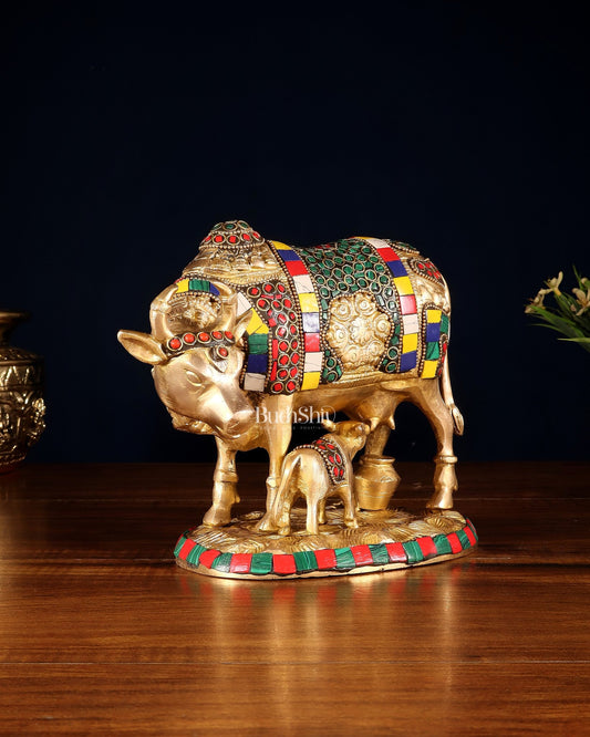 Handcrafted Brass Cow and Calf Statue with Carvings 8.5" - Budhshiv.com