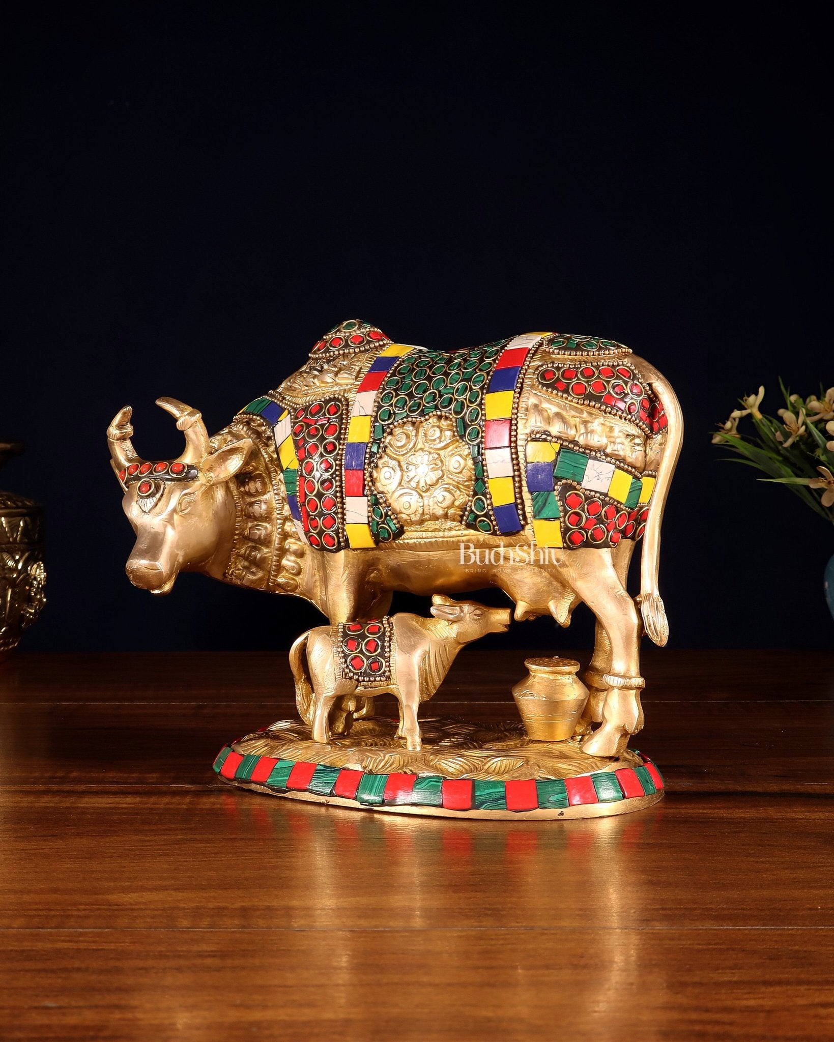 Handcrafted Brass Cow and Calf Statue with Carvings 8.5" - Budhshiv.com