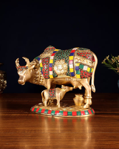 Handcrafted Brass Cow and Calf Statue with Carvings 8.5" - Budhshiv.com